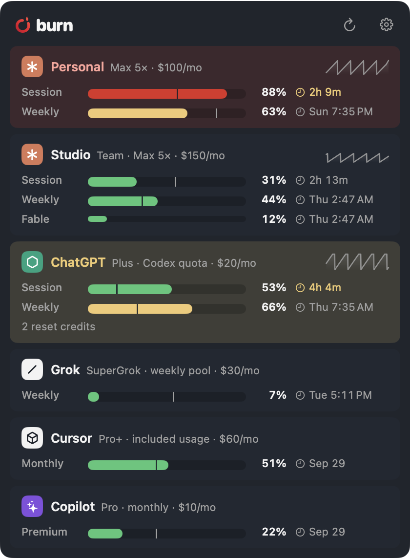 The Burn panel: one row per account with a bar per window, a pace tick, the percentage used and when it resets